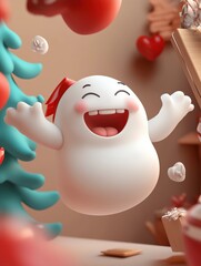 Joyful cartoon ghost celebrating amidst festive holiday decorations
