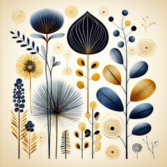 Eclectic Minimalistic Illustration of Blue Plants with Thin Line Textures