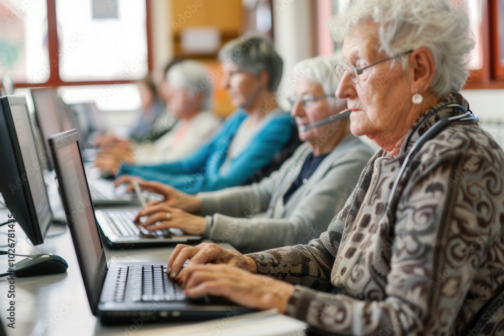 Poster a group of elderly adults focuses on learning digital skills through computers at a community center
