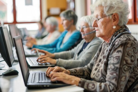 A group of elderly adults focuses on learning digital skills through computers at a community center class, fostering tech literacy and connection. Generative AI