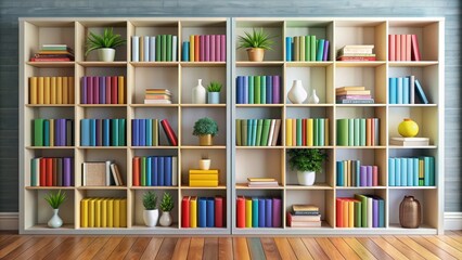 A modern bookshelf filled with colorful books and decorative items, modern, bookshelf, colorful, books, decorative