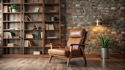 Retro brown wooden armchair in a stone interior with a wooden shelf full of books next to it, retro, vintage, armchair, wooden, brown