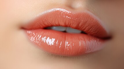 Obraz premium Close-Up of Glossy Lips with Natural Makeup Highlighting Smooth Skin and Vibrant Lip Color