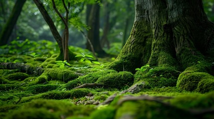 Obraz premium In a magical forests enchanting tree trunks surrounded by vibrant green mossy grow