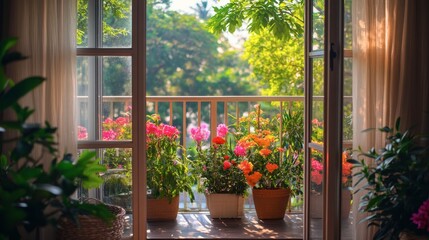 Obraz premium A balcony view through sliding glass doors, overlooking a lush garden with colorful flowers.