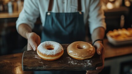 A barista serving coffee alongside a fresh donut, ready for a sweet afternoon treat.