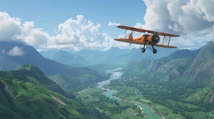 Fototapeta premium A small orange biplane soars through the sky over a lush green valley with mountains in the distance.