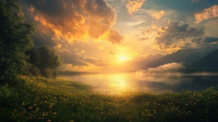 Naklejka premium sunset over the field