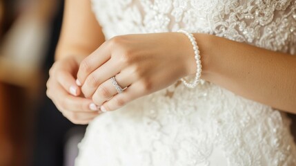 A bride hand adjusting her pearl bracelet before walking down the aisle, a moment of quiet reflection.