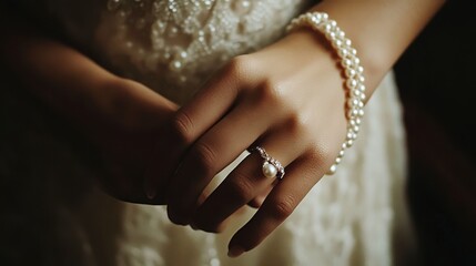 A bride hand adjusting her pearl bracelet before walking down the aisle, a moment of quiet reflection.