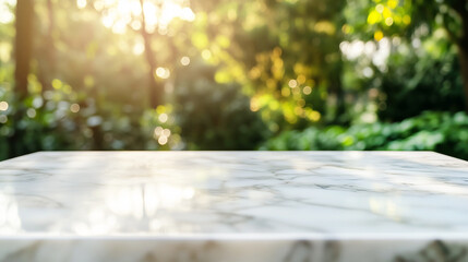 Marble surface with sunlit greenery in tranquil outdoor setting