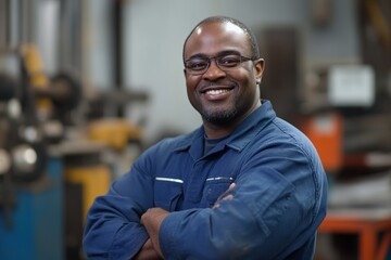 Obraz premium Smiling man in a blue uniform with crossed arms standing confidently in a workshop