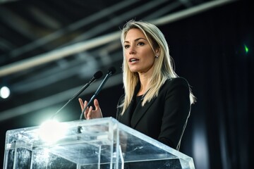 Professional woman giving a speech at a business conference with a serious expression

