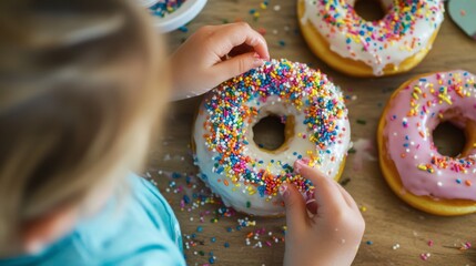 A child decorating donuts with sprinkles and icing, creating their own unique donut designs.