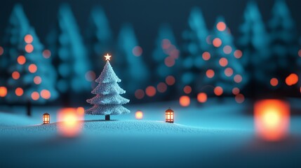 Christmas Tree in Snowy Forest with Lanterns and Bokeh Lights