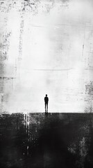 Rear view of a solitary figure against a gritty urban backdrop, stark contrasts in black and white, evocative mood, reflective atmosphere