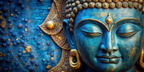 Obraz premium Close-up of textured blue Buddha face with golden accents exuding serenity and spirituality, Buddha, blue, face