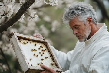 Elderly man carefully inspecting a beehive in a blossoming garden
