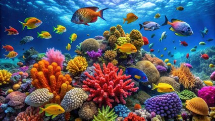 Vibrant coral reef teeming with colorful fish and marine life, coral, reef, sea, underwater, marine life, fish, vibrant