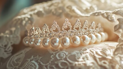 A close-up of a pearl-encrusted tiara resting on a lace pillow, part of a wedding accessory set.