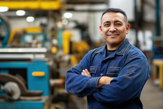 Smiling factory worker in a blue uniform standing confidently in an industrial environment
