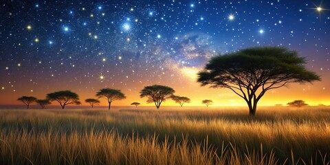 Obraz premium Twilight savannah with shimmering grass like stars, twilight, savannah, vast, grass, stars, shimmering, nature, landscape, sky