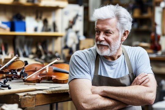 Elderly man smiling while holding a handmade violin in a workshop