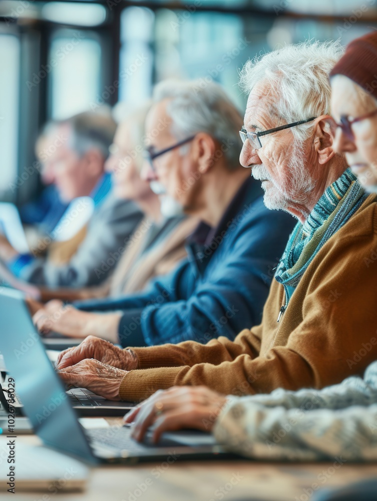 Poster a group of elderly learners focuses on their laptops, gaining digital skills at a community center c