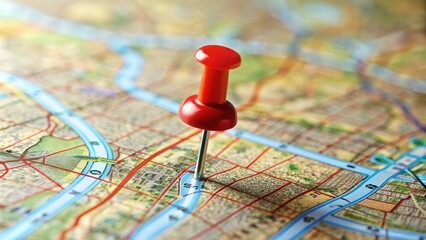 Red pin marking a location on map, navigation, destination, direction, travel, pointer, marker, symbol, geography