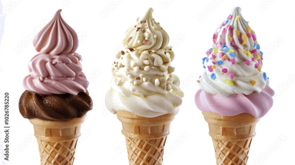 Poster three colorful ice cream cones with swirls and toppings on display generative ai