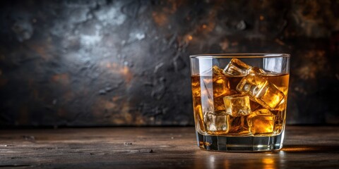 Glass with ice cubes and a refreshing amber-colored drink , refreshment, beverage, elegant, classy, chilling, cocktail, alcohol, liquid