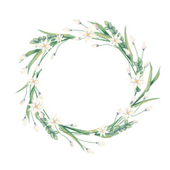 Round frame with white flowers and green foliage, stems and ears. Watercolor digital illustration for printing and web design