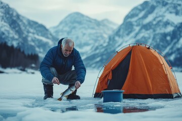 Senior man setting up a tent in snowy mountains during an outdoor camping adventure
 - Powered by Adobe