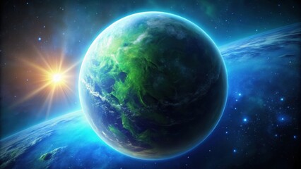 Obraz premium Dark blue and green planet with a bright star in the center, planet, space, universe, astronomy, galaxy