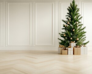 Simple Elegance Minimalist Christmas Tree Decorated with Gold Ornaments and Stacked Gifts for a Chic Holiday Setting