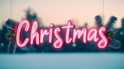 Festive Christmas Neon Sign with Pine Branches and Holly Berries