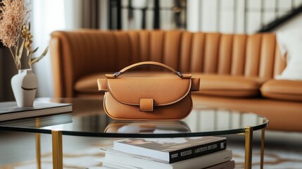 Stylish Handbag on Glass Table in Modern Living Room