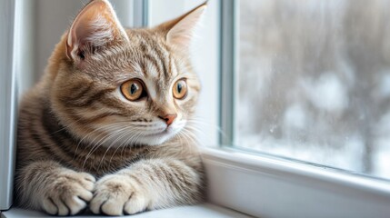 A cute cat sitting on a windowsill, watching the world outside with its paws tucked under its body.