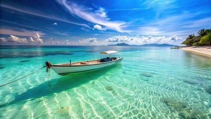 Obraz premium Boat resting on sandy shore of crystal clear turquoise sea, boat, shore, sand, water, ocean, waves, serene, peaceful