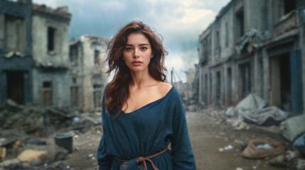 Fototapeta premium woman standing in ruined town, only survivor after war
