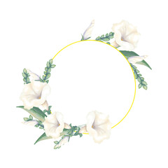 Round frame with white flowers and green foliage, stems and ears. Watercolor digital illustration for printing and web design