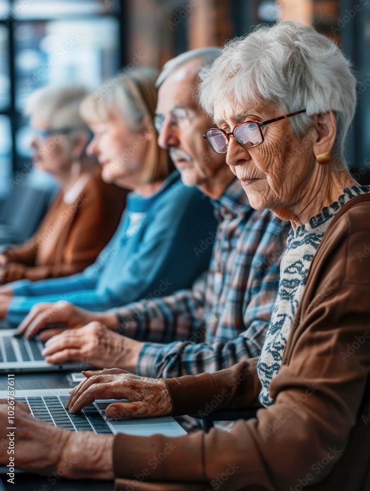 Aufkleber A group of older adults engages in learning computer skills using laptops during a community course aimed at seniors. Generative AI