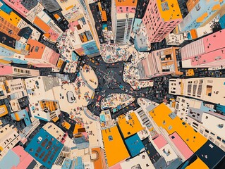 Fototapeta premium Birds-eye view of a bustling city, unexpected angles revealing the pulse of revolution, vibrant colors intertwining