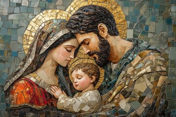 Obraz premium A detailed mosaic of the Holy Family, embellished with radiant tiles and sparkling gold highlights. Mary, Joseph, and baby Jesus, christmas scene