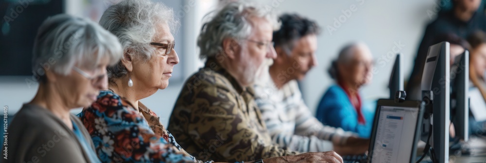 Fototapete A group of elderly individuals participate in computer courses, focused on learning to use laptops and desktop computers for digital literacy. Generative AI