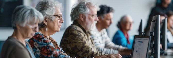 A group of elderly individuals participate in computer courses, focused on learning to use laptops and desktop computers for digital literacy. Generative AI