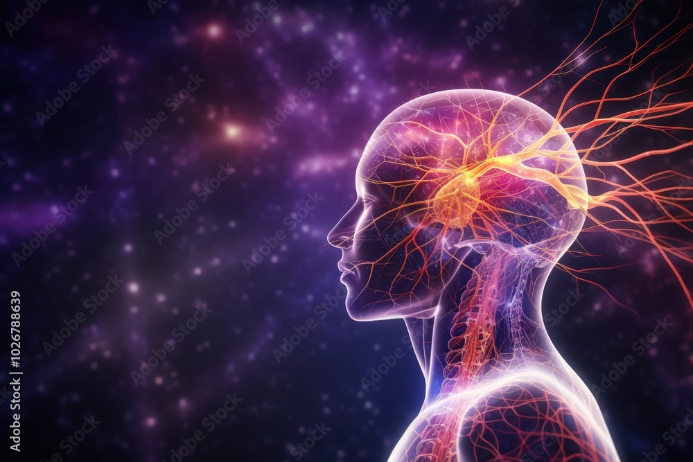 Poster neuron cells neural network under microscope neuro research science brain signal information transfe