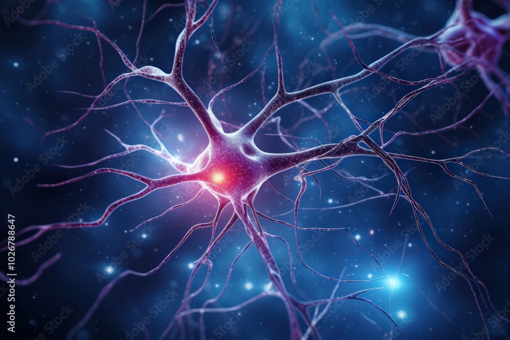 Poster neuron cells neural network under microscope neuro research science brain signal information transfe