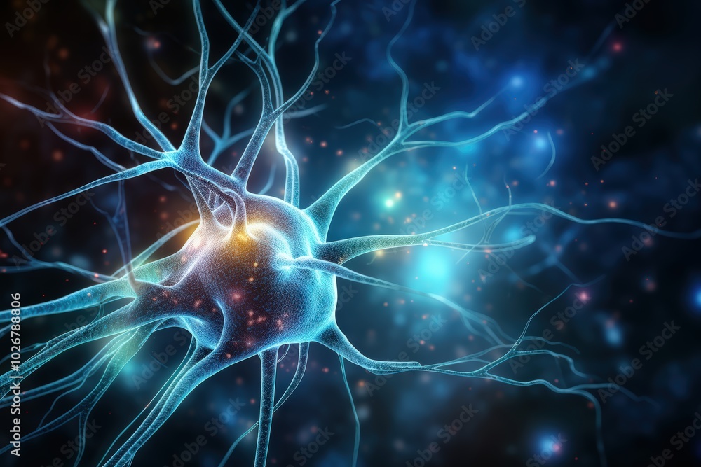 Poster neuron cells neural network under microscope neuro research science brain signal information transfe