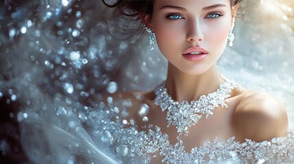 Elegant woman in a diamond-studded white dress, wearing a sparkling necklace of diamonds and gems, glowing with beauty